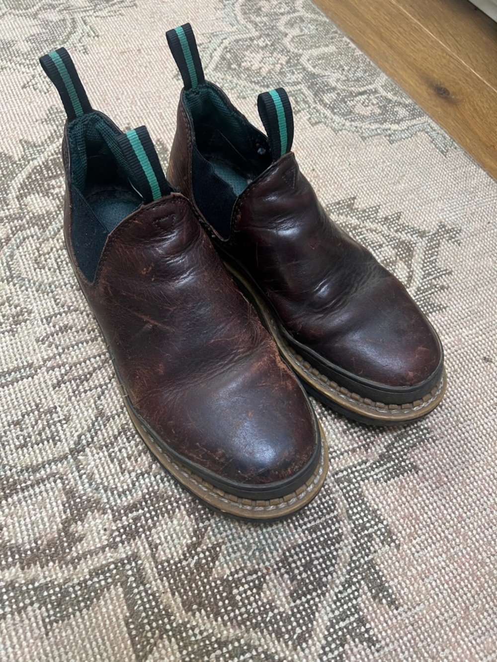 Georgia Giant Men’s Dark Brown Leather Work Boots with Green Pull Tabs Size 9.5